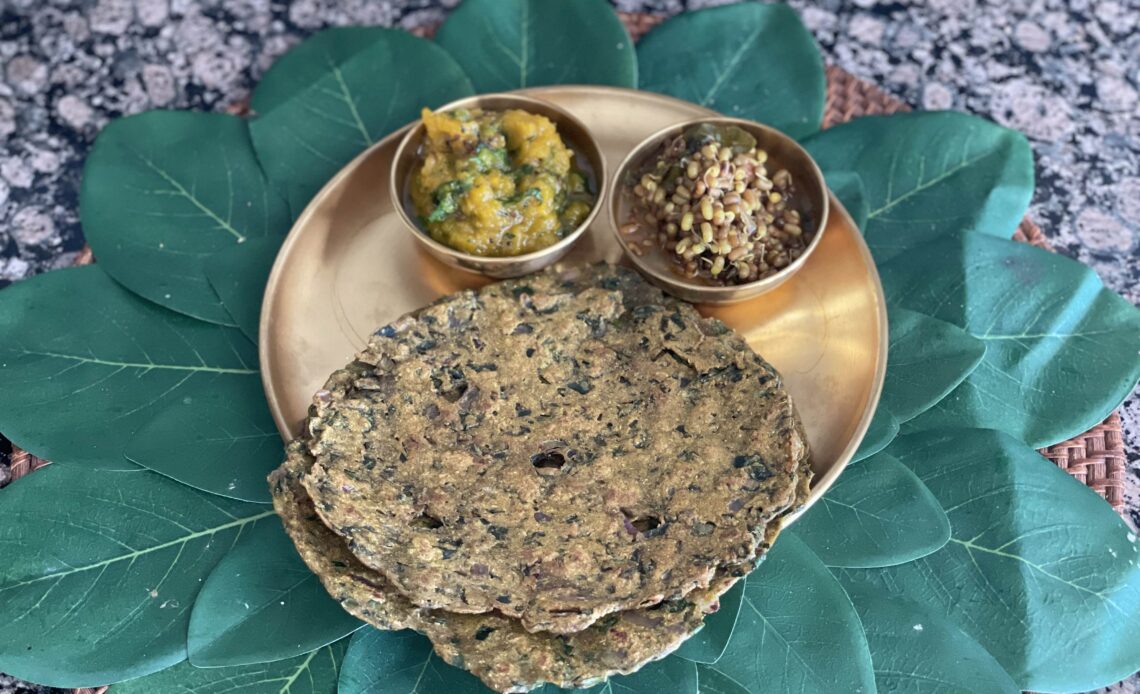 Monsoon Special Vegan Meal: Matki Usal, Butternut Squash Bharit, and Spinach Thalipeeth